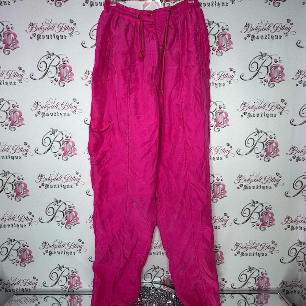 Nygard pants silk pink bright cargo style crystal buttons pockets on side baggy